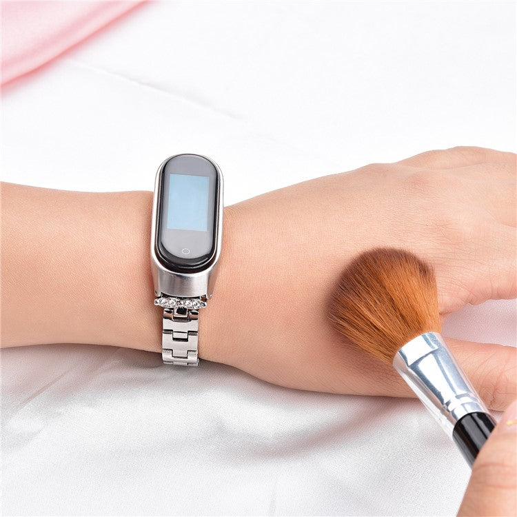 For Xiaomi Mi Band 3/4 Bling Rhinestone Decorative Smart Watch Stainless Steel Chain Watch Strap Metal Watchband - Silver