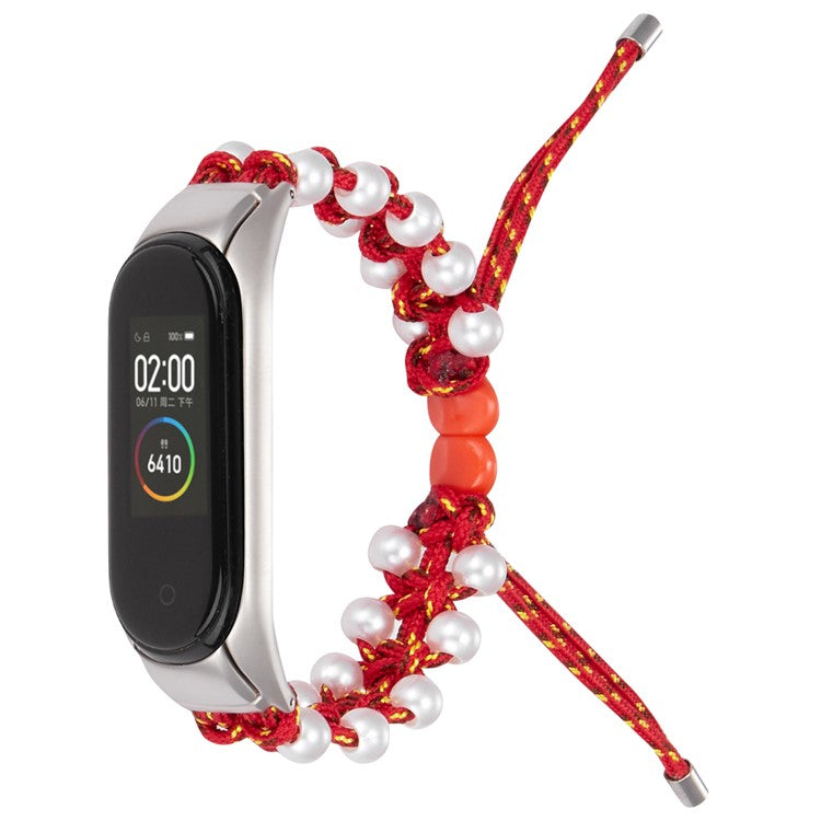 For Xiaomi Mi Band 3/4 Watch Band Stylish Beads Decorated Wrist Strap Drawstring Design Adjustable Nylon Rope Watchband - Red/Yellow