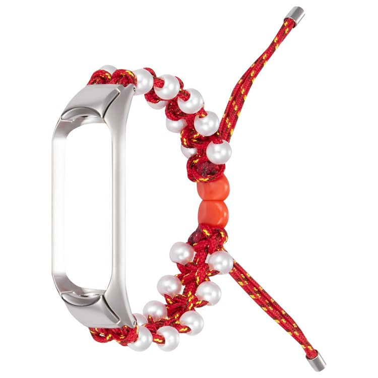 For Xiaomi Mi Band 3/4 Watch Band Stylish Beads Decorated Wrist Strap Drawstring Design Adjustable Nylon Rope Watchband - Red/Yellow