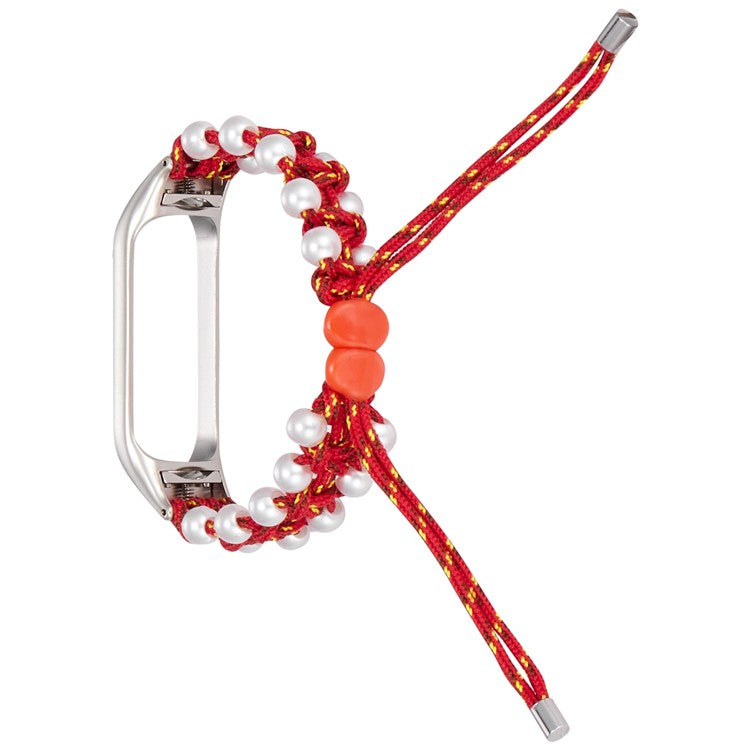 For Xiaomi Mi Band 3/4 Watch Band Stylish Beads Decorated Wrist Strap Drawstring Design Adjustable Nylon Rope Watchband - Red/Yellow