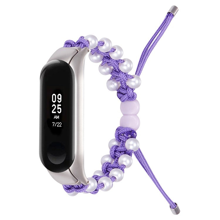 For Xiaomi Mi Band 5/6 Stylish Beads Decor Replacement Wrist Band Drawstring Design Adjustable Nylon Rope Watch Strap - Purple