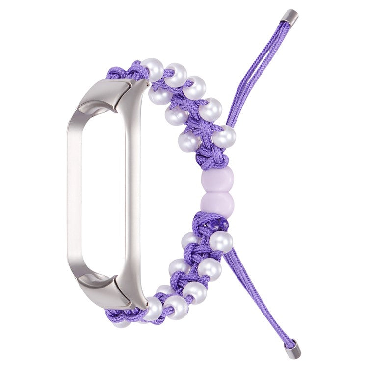 For Xiaomi Mi Band 5/6 Stylish Beads Decor Replacement Wrist Band Drawstring Design Adjustable Nylon Rope Watch Strap - Purple