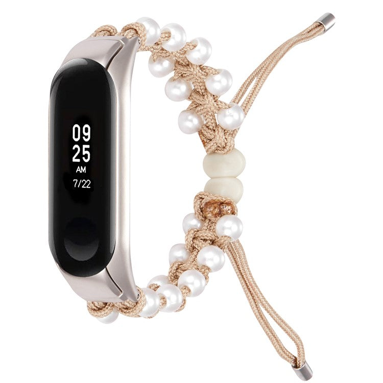 For Xiaomi Mi Band 5/6 Stylish Beads Decor Replacement Wrist Band Drawstring Design Adjustable Nylon Rope Watch Strap - Khaki