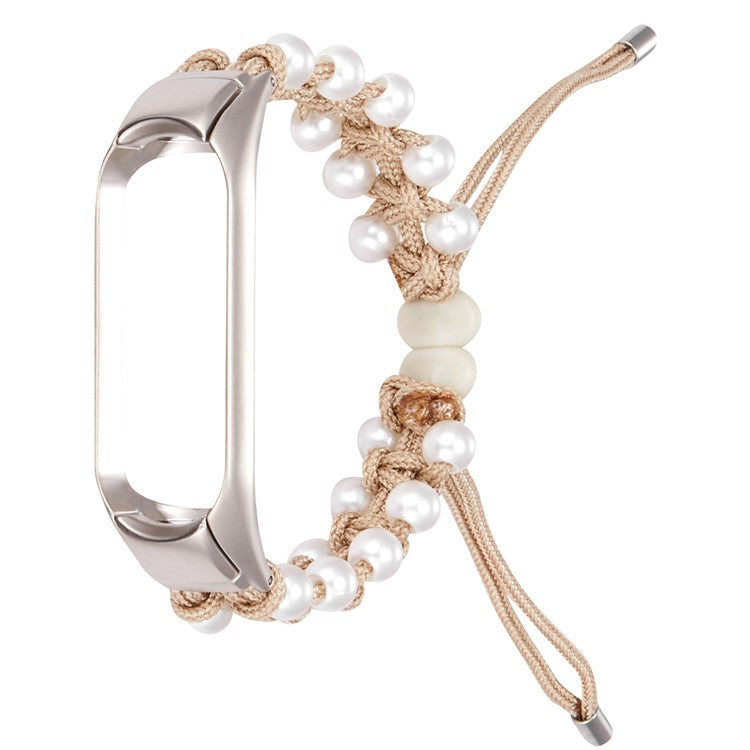 For Xiaomi Mi Band 5/6 Stylish Beads Decor Replacement Wrist Band Drawstring Design Adjustable Nylon Rope Watch Strap - Khaki