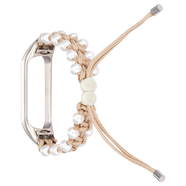 For Xiaomi Mi Band 5/6 Stylish Beads Decor Replacement Wrist Band Drawstring Design Adjustable Nylon Rope Watch Strap - Khaki