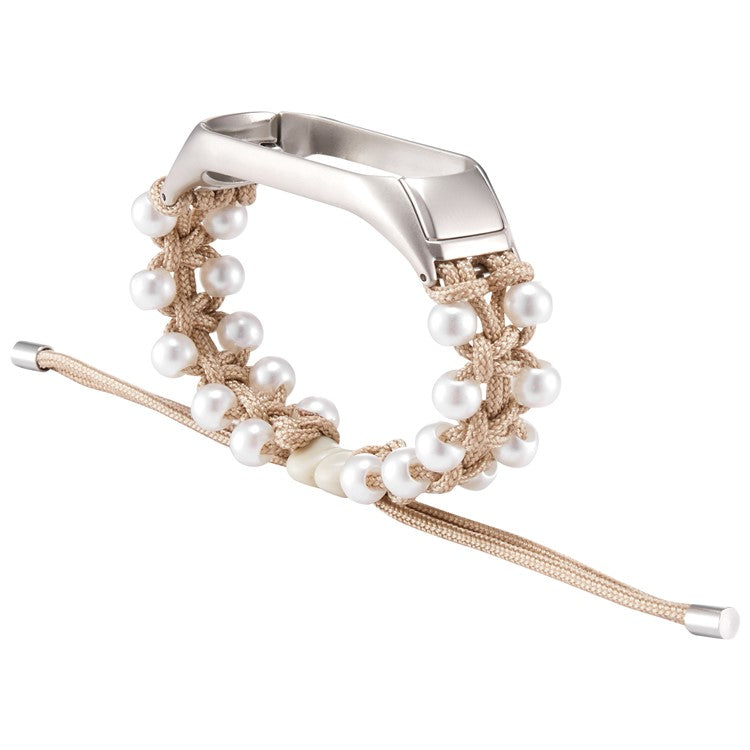 For Xiaomi Mi Band 5/6 Stylish Beads Decor Replacement Wrist Band Drawstring Design Adjustable Nylon Rope Watch Strap - Khaki