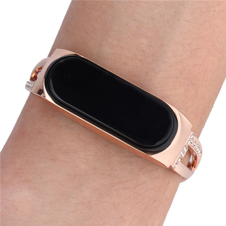 X Design Stainless Steel Watch Strap for Xiaomi Mi Band 5/6 Watchband with Rhinestone Decor - Rose Gold