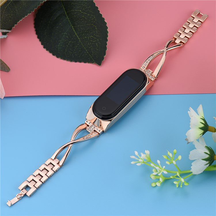 X Design Stainless Steel Watch Strap for Xiaomi Mi Band 5/6 Watchband with Rhinestone Decor - Rose Gold