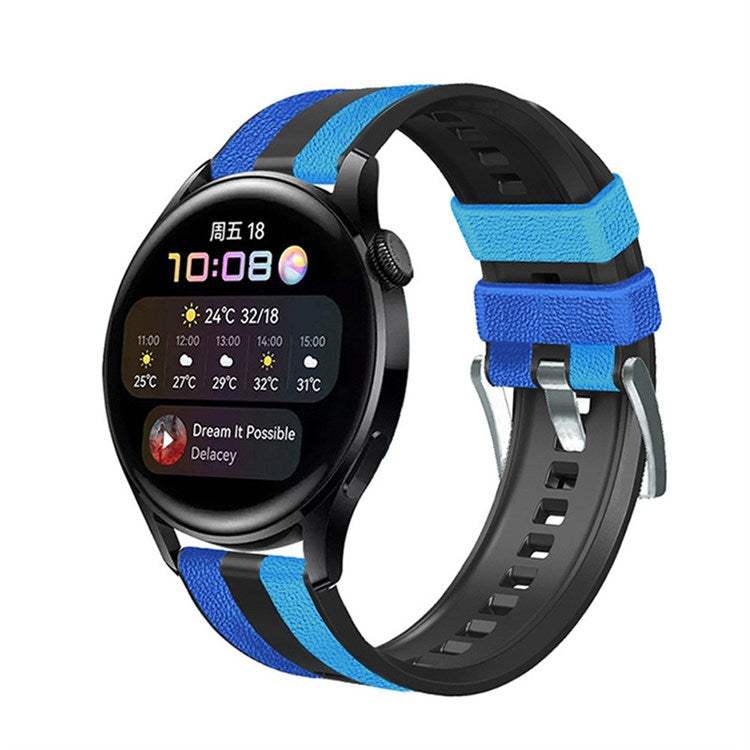 For Huawei Watch GT3/Huami Amazfit GTR3 Three Color Design 22mm Leather Coated Silicone Wrist Band Replacement Smartwatch Strap - Blue/Black