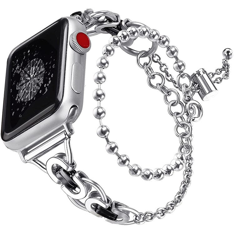 For Apple Watch Series 10 46mm / Ultra 2 Ultra 49mm / 9 8 7 45mm / SE (2023) SE (2022) SE 6 5 4 44mm / 3 2 1 42mm Stretch Jewelry Wristband Stainless Steel Watch Strap for Women Girls - Silver / Black