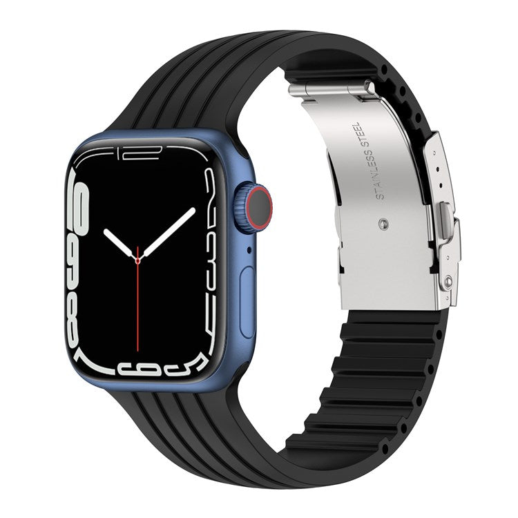 For Apple Watch Series 10 46mm / Ultra 2 Ultra 49mm / 9 8 7 45mm / SE (2023) SE (2022) SE 6 5 4 44mm / 3 2 1 42mm Stripe Silicone Watch Strap Quick Release Watch Band with Folding Clasp - Black