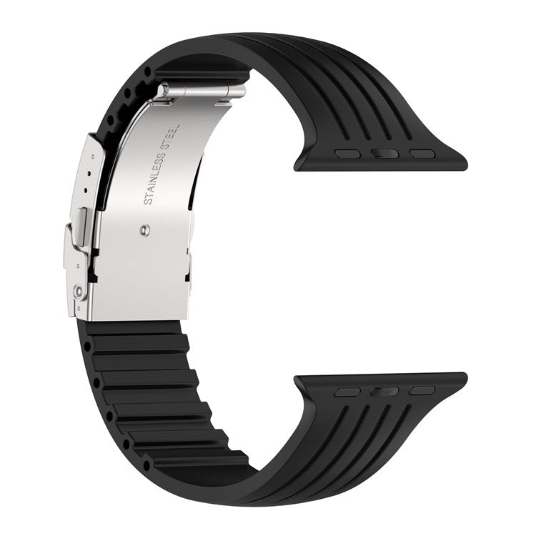 For Apple Watch Series 10 46mm / Ultra 2 Ultra 49mm / 9 8 7 45mm / SE (2023) SE (2022) SE 6 5 4 44mm / 3 2 1 42mm Stripe Silicone Watch Strap Quick Release Watch Band with Folding Clasp - Black