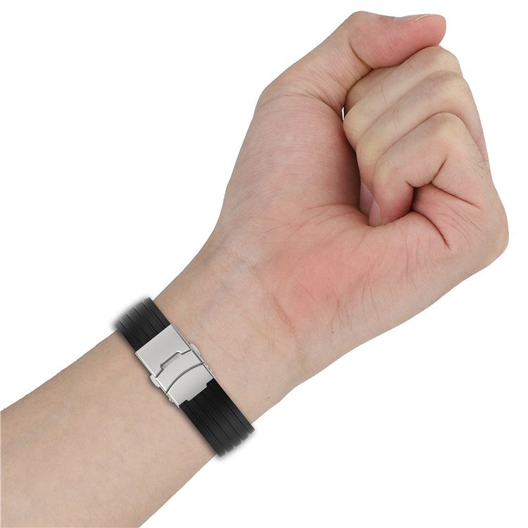 For Apple Watch Series 10 46mm / Ultra 2 Ultra 49mm / 9 8 7 45mm / SE (2023) SE (2022) SE 6 5 4 44mm / 3 2 1 42mm Stripe Silicone Watch Strap Quick Release Watch Band with Folding Clasp - Black