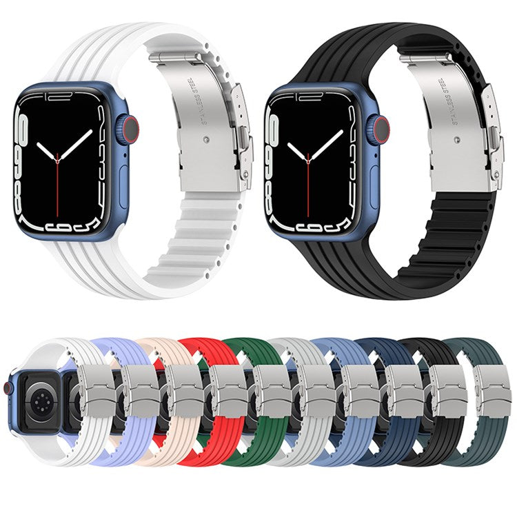 For Apple Watch Series 10 46mm / Ultra 2 Ultra 49mm / 9 8 7 45mm / SE (2023) SE (2022) SE 6 5 4 44mm / 3 2 1 42mm Stripe Silicone Watch Strap Quick Release Watch Band with Folding Clasp - Black
