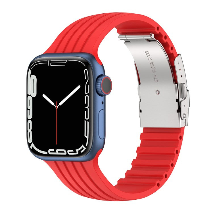 For Apple Watch Series 10 46mm / Ultra 2 Ultra 49mm / 9 8 7 45mm / SE (2023) SE (2022) SE 6 5 4 44mm / 3 2 1 42mm Stripe Silicone Watch Strap Quick Release Watch Band with Folding Clasp - Red