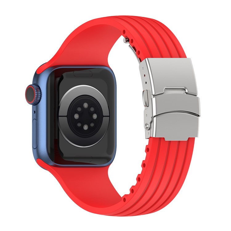 For Apple Watch Series 10 46mm / Ultra 2 Ultra 49mm / 9 8 7 45mm / SE (2023) SE (2022) SE 6 5 4 44mm / 3 2 1 42mm Stripe Silicone Watch Strap Quick Release Watch Band with Folding Clasp - Red