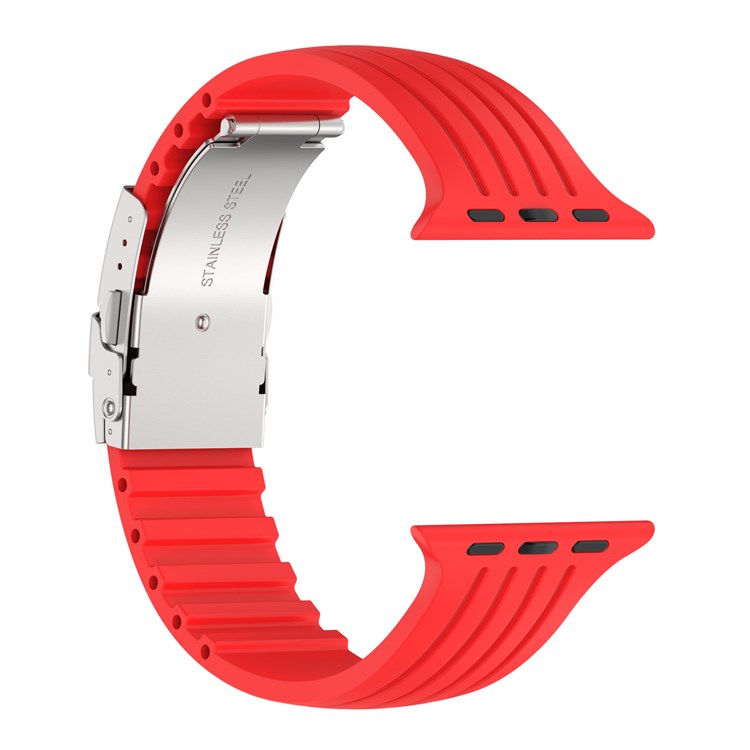 For Apple Watch Series 10 46mm / Ultra 2 Ultra 49mm / 9 8 7 45mm / SE (2023) SE (2022) SE 6 5 4 44mm / 3 2 1 42mm Stripe Silicone Watch Strap Quick Release Watch Band with Folding Clasp - Red