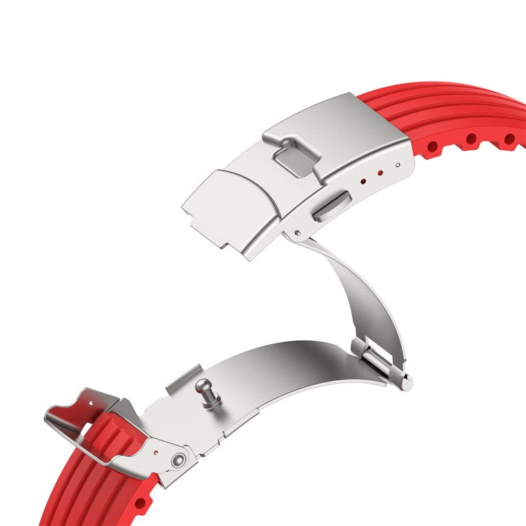 For Apple Watch Series 10 46mm / Ultra 2 Ultra 49mm / 9 8 7 45mm / SE (2023) SE (2022) SE 6 5 4 44mm / 3 2 1 42mm Stripe Silicone Watch Strap Quick Release Watch Band with Folding Clasp - Red
