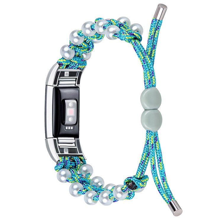 For Fitbit Charge 2/Charge 2 HR Pearl+Nylon Woven Adjustable Watch Band Replacement Wrist Strap - Blue