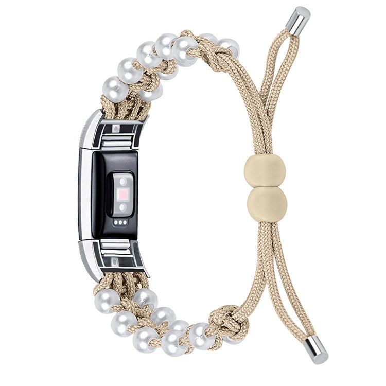 For Fitbit Charge 2/Charge 2 HR Pearl+Nylon Woven Adjustable Watch Band Replacement Wrist Strap - Apricot