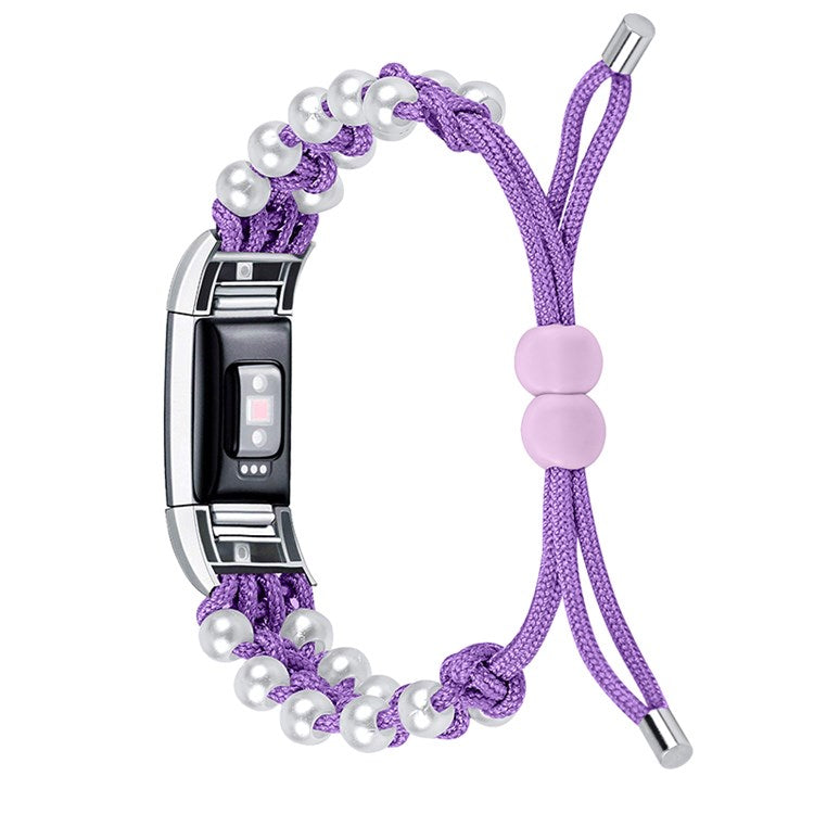For Fitbit Charge 2/Charge 2 HR Pearl+Nylon Woven Adjustable Watch Band Replacement Wrist Strap - Purple
