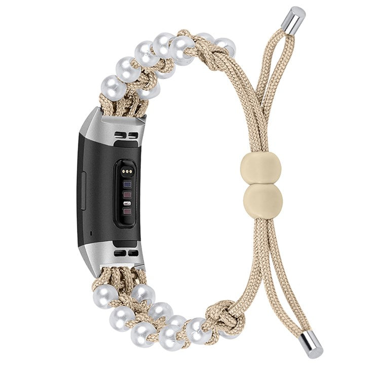 For Fitbit Charge 3/Charge 3 SE/Charge 4 Stylish Watch Band Pearl+Nylon Woven Replacement Wrist Strap - Apricot
