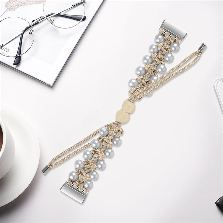 For Fitbit Charge 3/Charge 3 SE/Charge 4 Stylish Watch Band Pearl+Nylon Woven Replacement Wrist Strap - Apricot