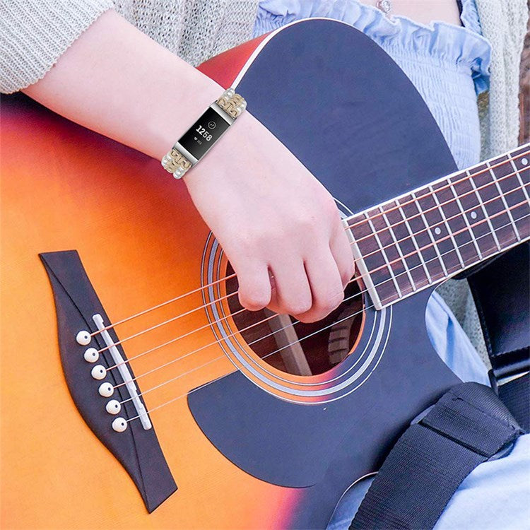 For Fitbit Charge 3/Charge 3 SE/Charge 4 Stylish Watch Band Pearl+Nylon Woven Replacement Wrist Strap - Apricot