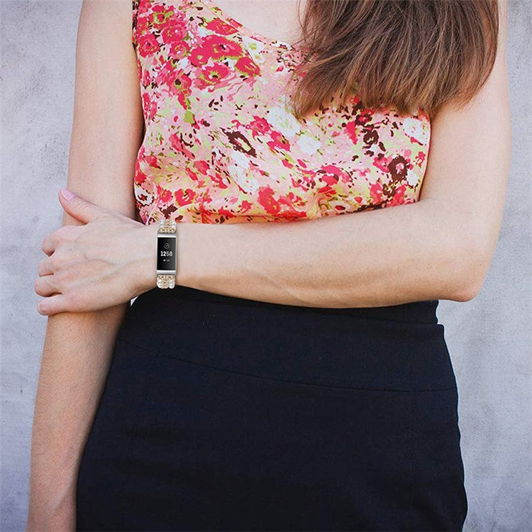 For Fitbit Charge 3/Charge 3 SE/Charge 4 Stylish Watch Band Pearl+Nylon Woven Replacement Wrist Strap - Apricot