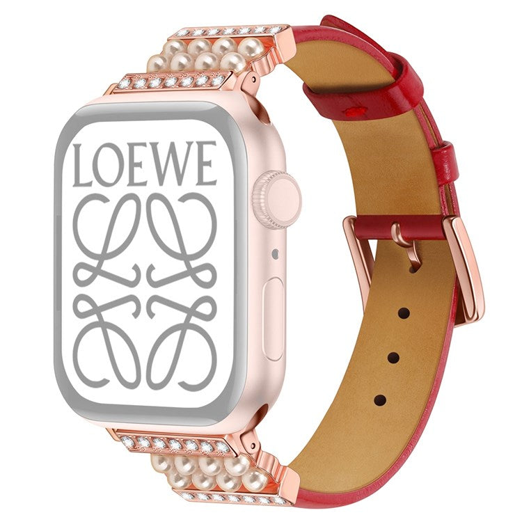 For Apple Watch Series 10 42mm / 9 8 7 41mm / 6 5 4 SE SE (2022) SE (2023) 40mm / 3 2 1 38mm Genuine Leather Pearl Rhinestone Decor Watch Band Wrist Strap - Red