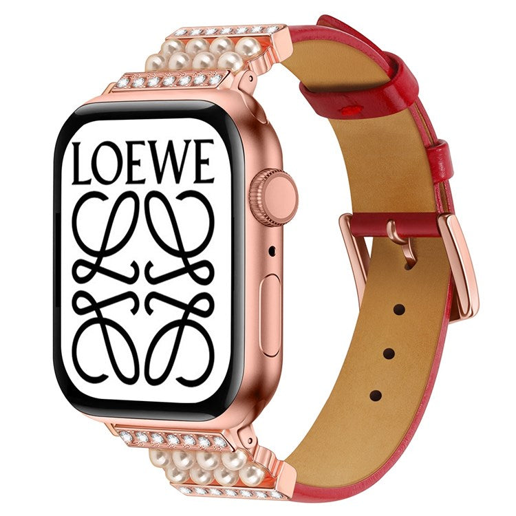 For Apple Watch Series 10 42mm / 9 8 7 41mm / 6 5 4 SE SE (2022) SE (2023) 40mm / 3 2 1 38mm Genuine Leather Pearl Rhinestone Decor Watch Band Wrist Strap - Red