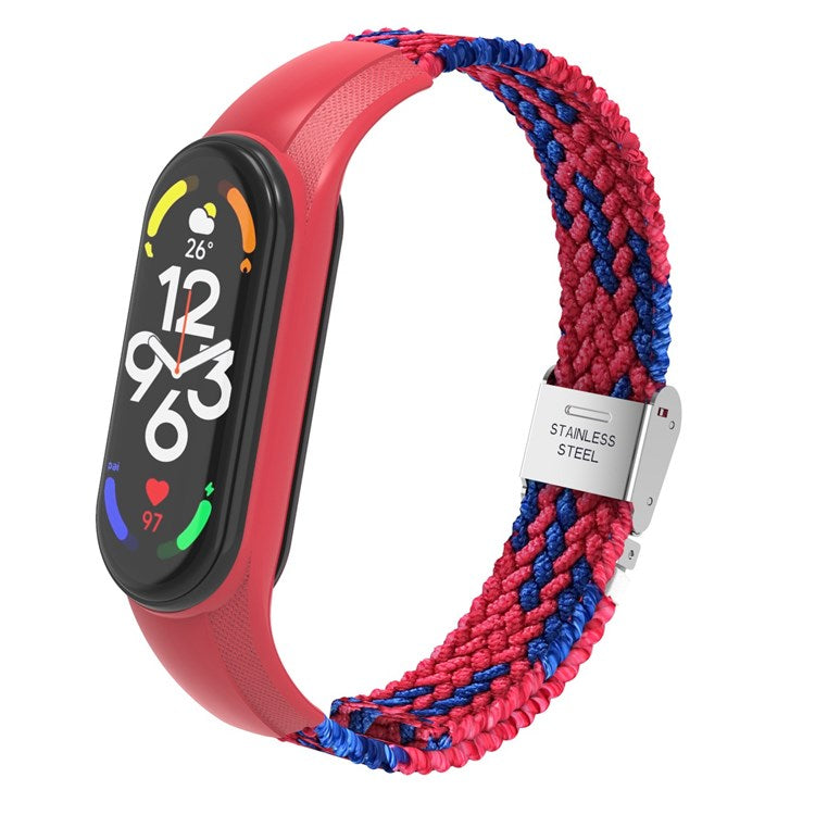 For Xiaomi Mi Band 7 Adjustable Nylon Braided Watch Band Replacement Wrist Strap with Stainless Steel Buckle - Red/Blue