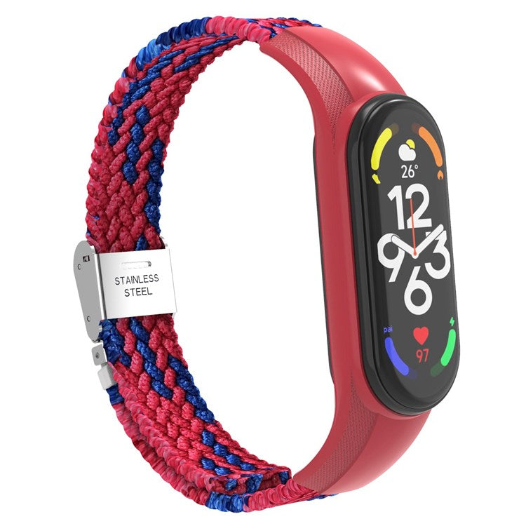 For Xiaomi Mi Band 7 Adjustable Nylon Braided Watch Band Replacement Wrist Strap with Stainless Steel Buckle - Red/Blue
