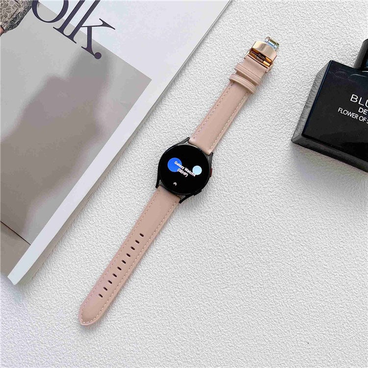 For Samsung Galaxy Watch4 40mm/44mm/Garmin Venu 2 Plus 20mm Replacement Genuine Leather Watch Strap Stitching Line Wrist Band - Light Pink