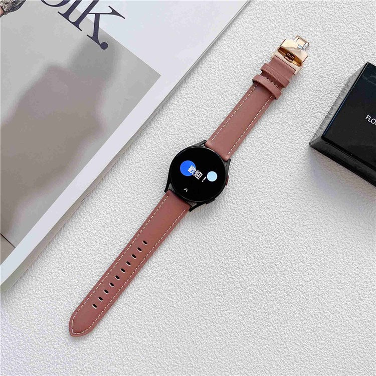 For Samsung Galaxy Watch4 40mm/44mm/Garmin Venu 2 Plus 20mm Replacement Genuine Leather Watch Strap Stitching Line Wrist Band - Deep Pink