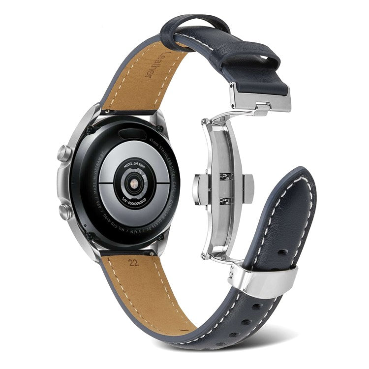 For Samsung Galaxy Watch4 40mm/44mm/Garmin Venu 2 Plus 20mm Replacement Genuine Leather Watch Strap Stitching Line Wrist Band - Dark Grey