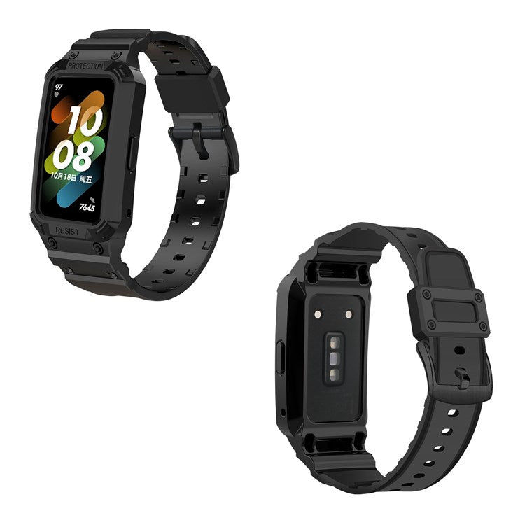 For Honor Band 6/Huawei Band 6/7 Replacement TPU Watch Band Adjustable Wrist Strap + Watch Case - Black