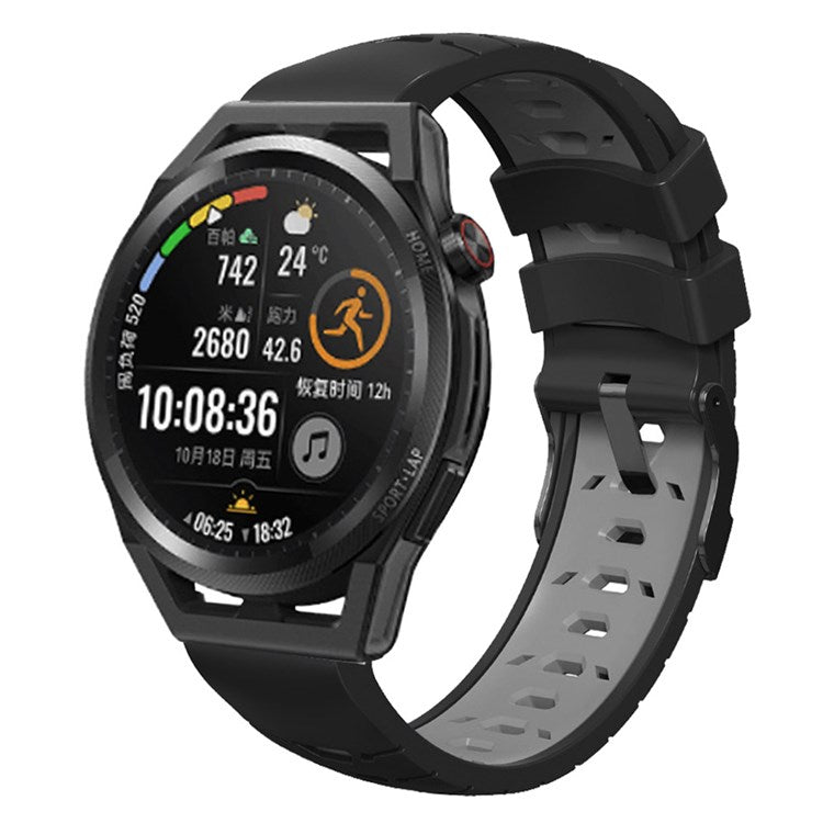 For Huawei Watch GT Runner/Garmin Venu 2/Vivoactive 4 Trapezoid Three Row Holes Watch Strap Dual Color Silicone Wrist Band - Black/Grey