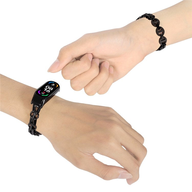 For Xiaomi Mi Band 7 Stainless Steel Hollow-out Bracelet Smart Watch Band Replacement Wrist Strap - Black