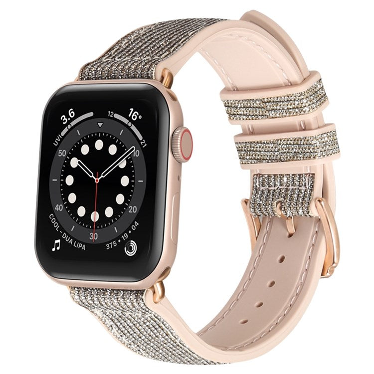 For Apple Watch Series 10 42mm / 9 8 7 41mm / 6 5 4 SE SE (2022) SE (2023) 40mm / 3 2 1 38mm Shiny Glitter Watch Band PU Leather Coated Silicone Strap Replacement - Black