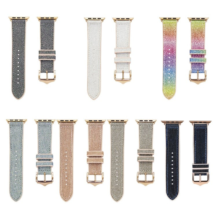 For Apple Watch Series 10 42mm / 9 8 7 41mm / 6 5 4 SE SE (2022) SE (2023) 40mm / 3 2 1 38mm Shiny Glitter Watch Band PU Leather Coated Silicone Strap Replacement - Black