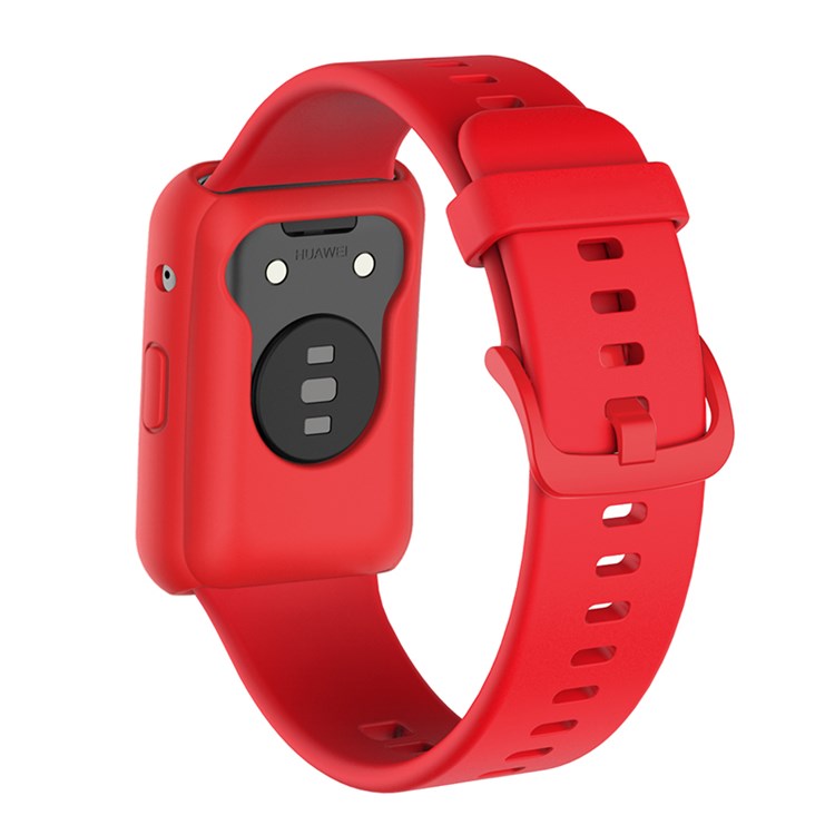 Silicone Watch Band for Huawei Watch Fit, Replacement Adjustable Wrist Strap + Anti-scratch Watch Case - Red