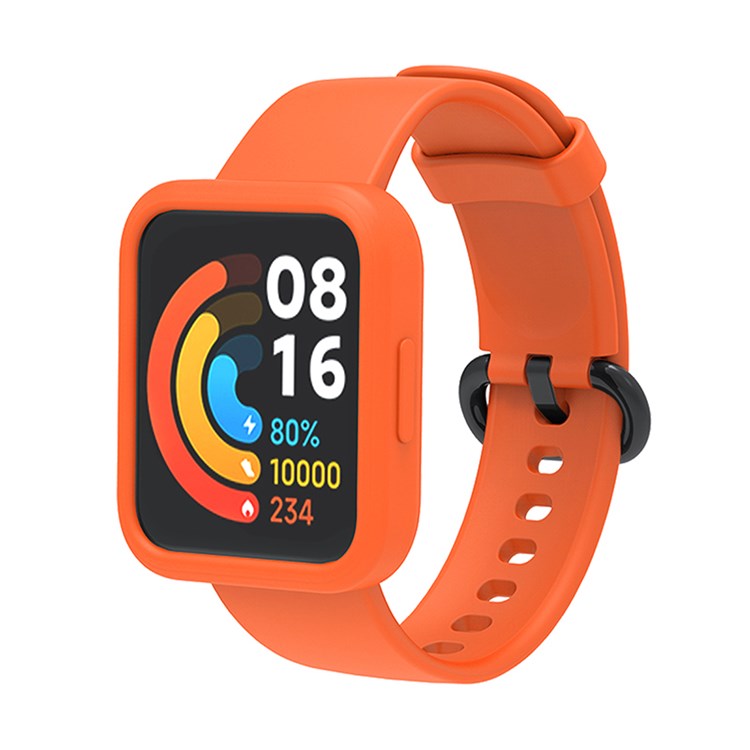 For Xiaomi Redmi Watch 2/Redmi Watch 2 Lite Solid Color Silicone Watch Band Strap + Drop-proof Watch Case - Orange/Black/Orange