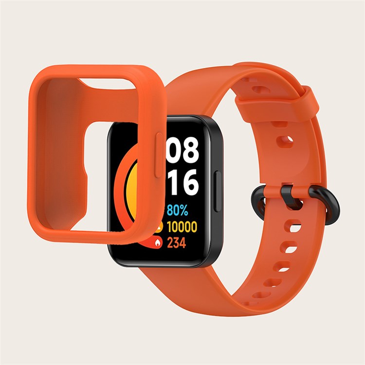 For Xiaomi Redmi Watch 2/Redmi Watch 2 Lite Solid Color Silicone Watch Band Strap + Drop-proof Watch Case - Orange/Black/Orange