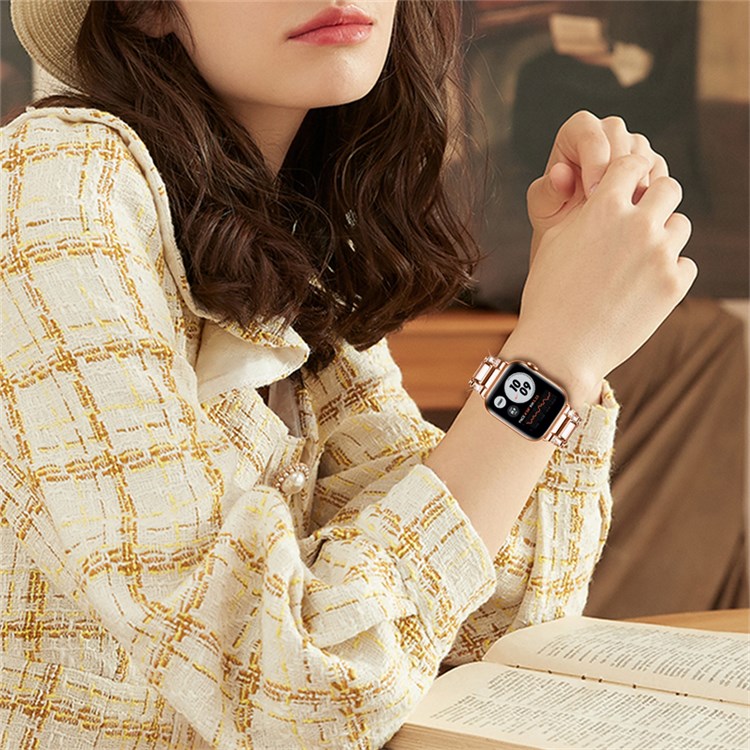 For Apple Watch Series 10 42mm / 9 8 7 41mm / 6 5 4 SE SE (2022) SE (2023) 40mm / 3 2 1 38mm Stainless Steel Resin Watch Band Rhinestone Decor Wrist Strap - Rose Gold / White