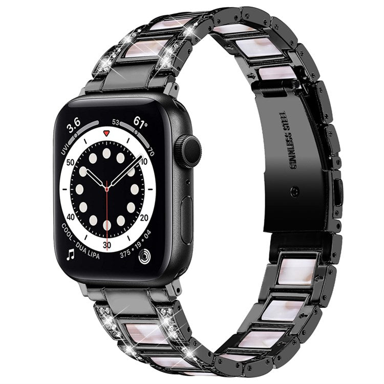 For Apple Watch Series 10 46mm / Ultra 2 Ultra 49mm / 9 8 7 45mm / SE (2023) SE (2022) SE 6 5 4 44mm / 3 2 1 42mm Resin Stainless Steel Rhinestone Decor Smart Watch Band - Black / Pink Mix