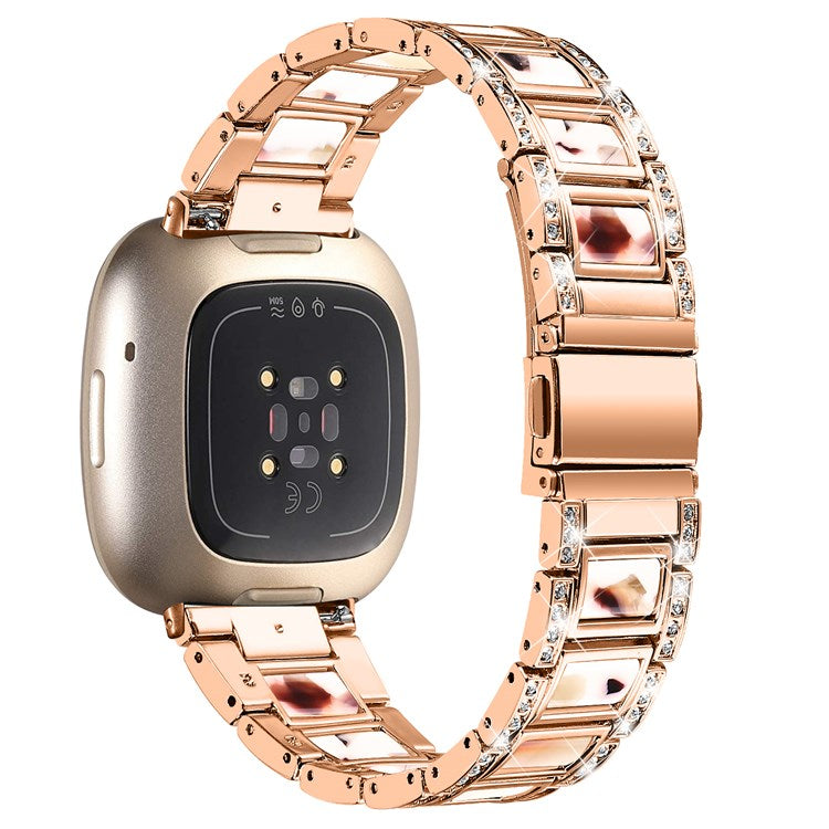 For Fitbit Versa 3 / Sense Stainless Steel Resin Smart Watch Band Replacement Rhinestone Decor Fashionable Wrist Strap - Rose Gold / Nougat Pattern