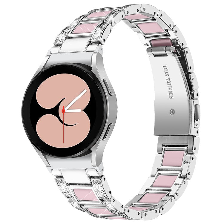 For Samsung Galaxy Watch4 Active 40mm/44mm/Watch4 Classic 42mm/46mm Shiny Rhinestone Watch Strap Stainless Steel Resin Wrist Band Replacement - Silver/Pink