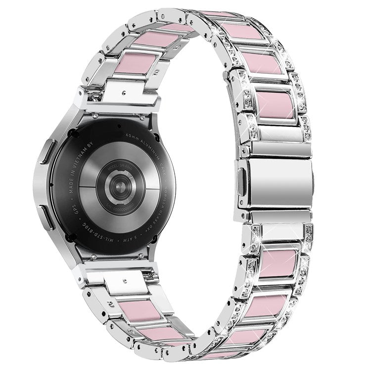 For Samsung Galaxy Watch4 Active 40mm/44mm/Watch4 Classic 42mm/46mm Shiny Rhinestone Watch Strap Stainless Steel Resin Wrist Band Replacement - Silver/Pink