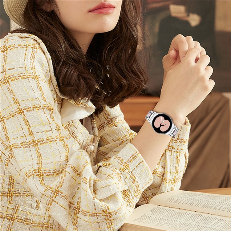 For Samsung Galaxy Watch4 Active 40mm/44mm/Watch4 Classic 42mm/46mm Shiny Rhinestone Watch Strap Stainless Steel Resin Wrist Band Replacement - Silver/Pink